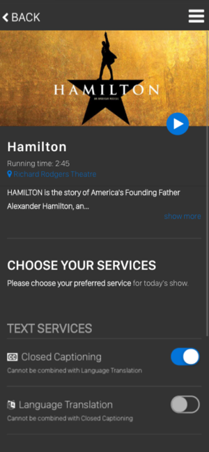 Screenshot of Gala app showing the Name of the Performance above slide buttons for "Choose Your Services" with the submenu "Text Services":  Closed Captioning and Language Translation.