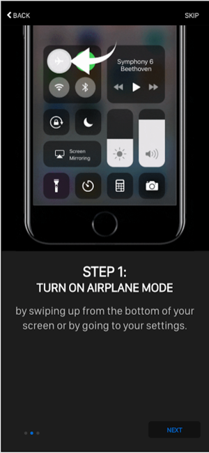 Screenshot of Gala app showing "Step 1: Turn on Airplane Mode by swiping up from the bottom of your screen or by going to your settings" and showing a large white arrow pointing to the Airplane Mode indicator in a screenshot of the swipe-up menu.