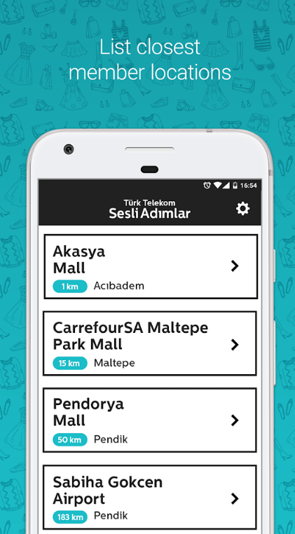 Loud Steps app with an option for "List closest member locations." Different venues are named, each with an expanding arrow.
