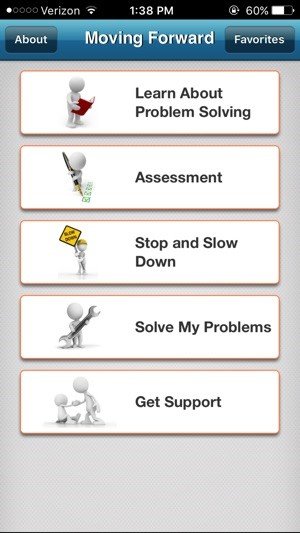 Moving Forward menu is shown with the title in a blue header above 5 options: Learn about Problem Solving, Assessment, Stop and Slow Down, Solve my Problems, and Get Support.