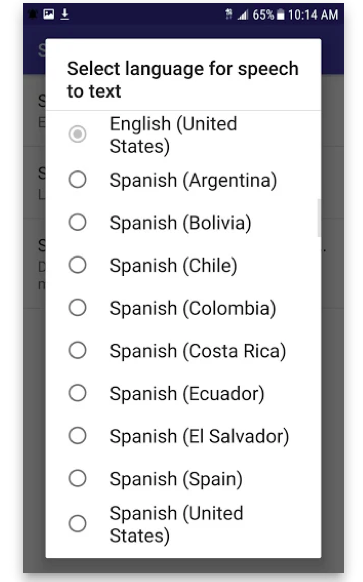 A screenshot of the app's Select language for speech to text options with English (United States) language being chosen as indicated by the selection bubble.