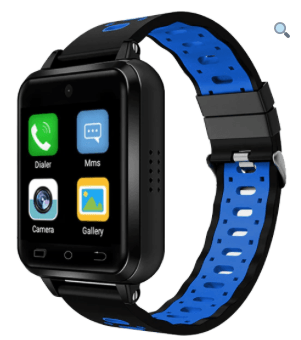 A watch-sized tablet attached to a band that is wrapped around a wrist. Menu options featured are dialer, mms, camera, and gallery.