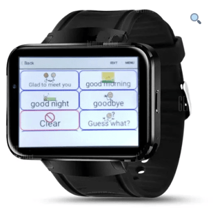 A mobile phone-sized tablet attached to a band that is wrapped around a wrist. The screen features menu options features words and phrases such as good morning, goodbye, and good night. 