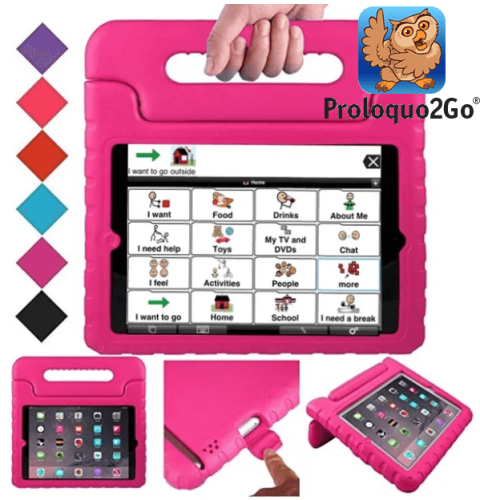 A pink carrying case with a handle and a tablet inside featuring the Proloquo2Go Speech App menu screen. The screen features word choices with corresponding illustrations.