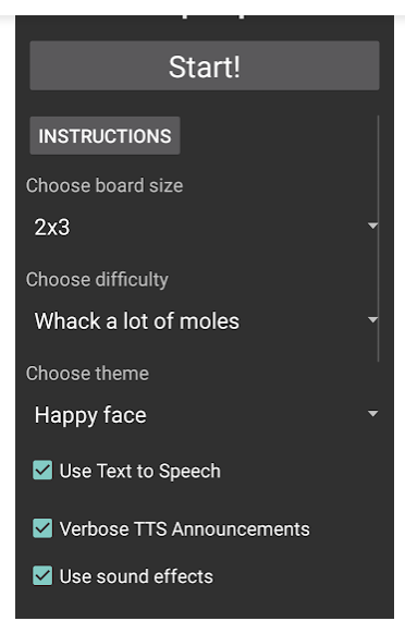 The Start menu of the app with buttons for Instructions, board size, difficulty level, and theme. Also, there are 3 boxes to check: TTS, Verbose TTS Announcements, and Use Sound effects.