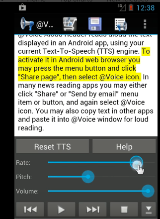 A screenshot of the @Voice Aloud app in use shows a line of menu options like cart, save, reading list and more options above a large white text box in which some of the text is highlighted. Below the box is a pop-up menu showing tools to manage the TTS, like a slide bar for Rate, Pitch, and Volume. In the bottom line of buttons there are the common play, rewind, fast forward and stop.