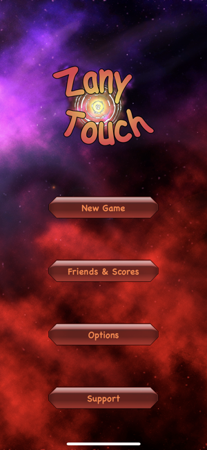 Menu options on a red and purple background, including new game, friends and scores, options, and support. 