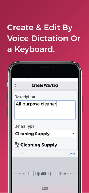 A text box labeled "description" with text inside that reads "All purpose cleaner." "Cleaning Supply" is selected as the detail type below.