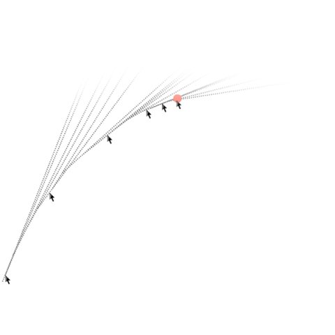 Several angled lines with arrows pointing to the arc the lines create.