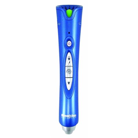 A blue pen-shaped device with a power button and menu options down the side.