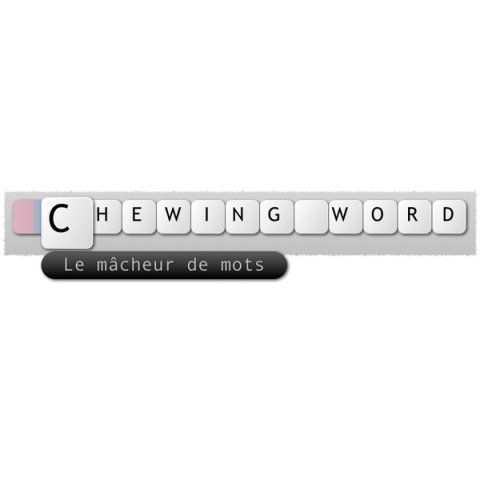 Computer keys in which the word Chewing is spelled out, with the letter C larger and zoomed in. Underneath it is written in French: Le macheur de mots in a black oval background.