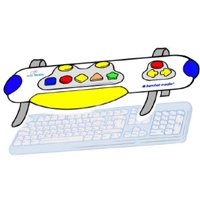 Clavier alternatif or Alternative keyboard as an oval keyboard with straps hovering over a traditional keyboard. The alternative is white with large colorful buttons of blue, red, yellow, and green. The buttons are square, red, diamond, star or arrows.