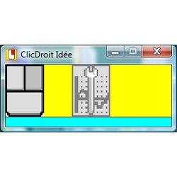 Computer screen window featuring a drawn computer mouse that has right and left click buttons. The mouse is next to a crescent wrench, and on the top right corner are the minimizer, full window, and exit buttons. The text Clic Droit Idée is written in the header. 