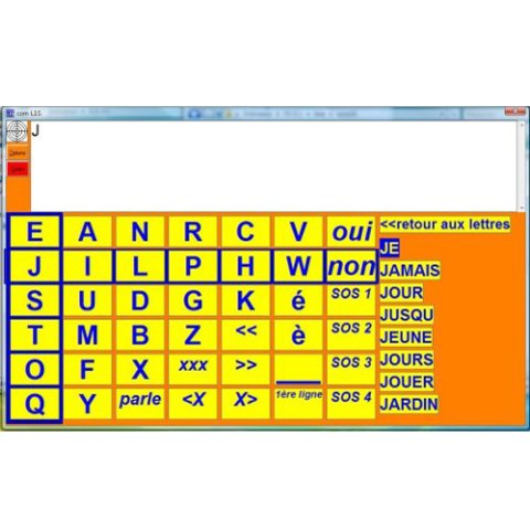 An on-screen keyboard with yellow keys. On top is a large white text box with the letter "J" printed. On the side is a word prediction box with 8 French words beginning with the letter "J".