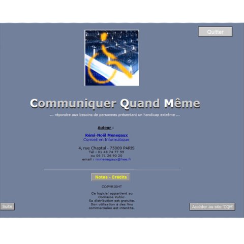 CQM homepage with contact information and a "Notes - Credits" button.
