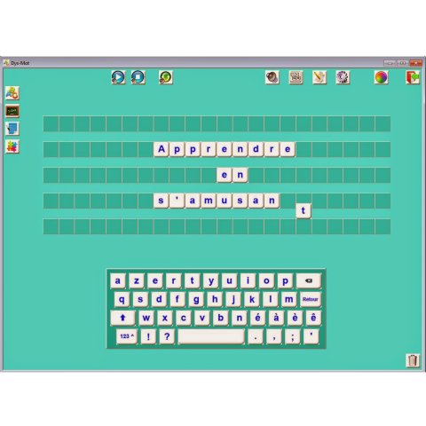 A green background on a computer screen along with a keyboard in the bottom center and a 22x5 grid of darkened spaces above that for the placement of letter tiles. There are chosen tiles placed on the grid with one not yet in position. On the top and upper left are menu bars.