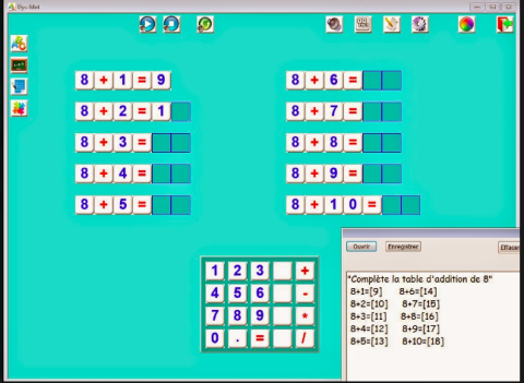 A green background on a computer screen with horizontal tiles of simple Math addition equations. Darkened tile silhouettes indicate where answers are placed. There is a number pad at the bottom center and an instruction pop-up in the lower right. Menu/toolbars are on the top and upper left.