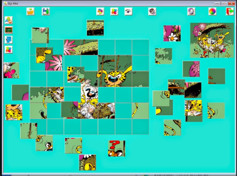 A green background on a computer screen with a darkened silhouette of a rectangle which is divided into smaller squares and indicates the placement for tiles. Parts of a picture are filling in some of these squares and other parts are scattered around the borders. There are menu/toolbars in the top and upper left.