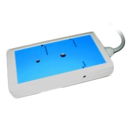 A white rectangular device with a blue face that has 2 round ports and has an electrical cord.