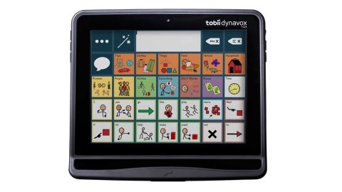 A colorful grid of various symbols used for communication displayed on a small tablet device.