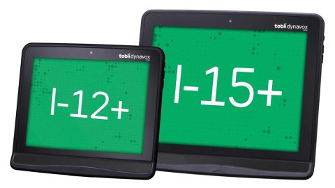 Two tablets side by side. The smaller one says "I-12+" on the screen while the larger one says "I-15+".