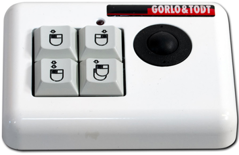 A small rectangular device with 4 buttons in a 2x2 layout with a mouse or double mouse drawn on them and a right or left click highlighted. Above these buttons is a led light indicator, and, to their right is a small trackball.