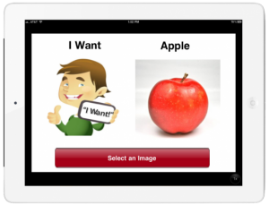 Look2learn with phrase "I want Apple" and a button to select an image.