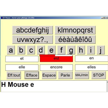 A modified onscreen keyboard with a yellow background, gray keys with black letters, and white predicted words. There are buttons written underneath for erasing, space bar, speaking, capital, and stop. Below that in heavy black font are the words written in the text box.