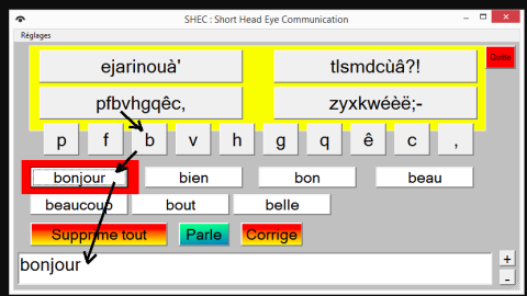  A modified onscreen keyboard with 4 long white buttons with the EJARIN layout divided amongst them on a yellow background. Below there is a more spread out a key display of one of the button's groups of letters. Black arrows point out the choices made that end with a text box where the word is written. It begins with one of the buttons, to a single letter key, to a predicted word, ending in the text box. Above the box are buttons for Delete all and speak.