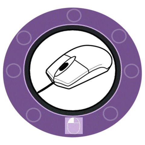 A drawn computer mouse in the center of a clock-like circle with 8 segment markings and a mouse with a left-click highlighted in the 6:00 position.