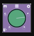 A purple rectangle with a green circle in its center. There is a white line in the circle similar to a clock hand. On the outside of the circle are 4 mouse icons with different clicks highlighted. In the corners also of the purple square are icons: settings and exit.