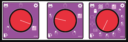 Three purple squares, each with a large red circle and white line in its center. The number of icons situated around the circle varies and increases going from left to right. The first square has 3, the last has 14.