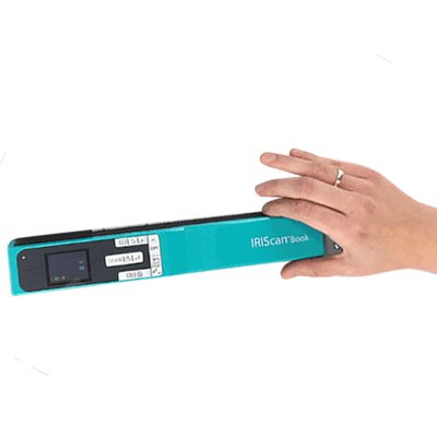 A teal-colored rectangular device in a person's hand. It has a small black screen on one end along with a few buttons.