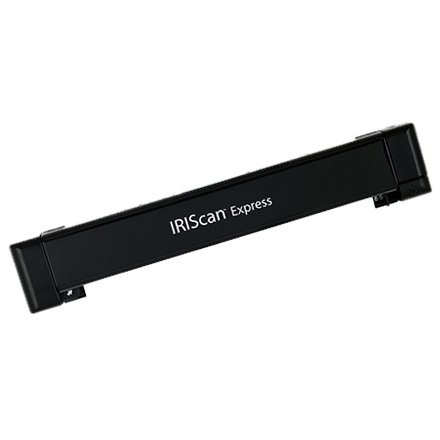 A wide but thin wand-like black rectangular device that has a footpad at both ends. Written in white are the words IRIScan Express.