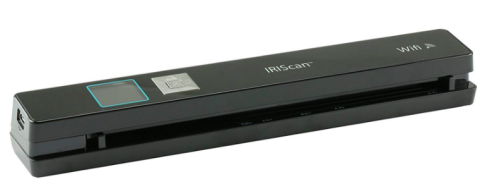 A wide but thin wand-like black rectangular device that has a space between the top and bottom pieces. On the top is a display window and a large silver button. Written in white are the words IRIScan wifi.