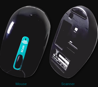 The top and underside of a black computer mouse side-by-side, The top has a wheel with a teal background and an LED indicator for Wifi. The underneath side of the mouse has a window for scanning.