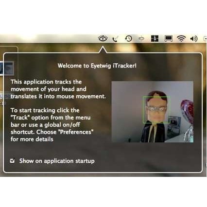 The welcome page of the Eyetwig iTracker. It has a brown background with a white font and a webcam pic of a man with a green square drawn around his head. The text says to start tracking by clicking the "Track" option from the menu bar or to use "Preferences". An arrow points to a drawing of an eye on the menu bar in the top header.