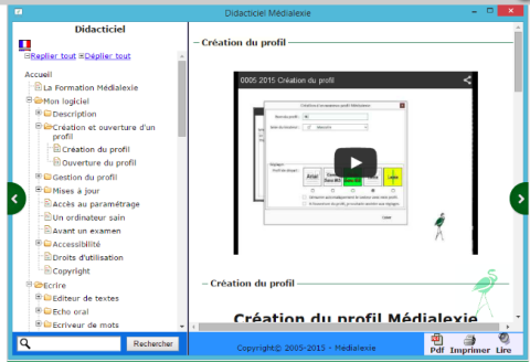 Software Medialexie Reader in French. There is a contents page on the left with a search bar at the bottom. On the right is a video start play button and the label Create a Profile Tutorial.