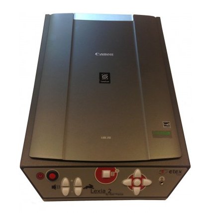 A device that resembles a standard flatbed scanner with large, touch button controls on the front side.