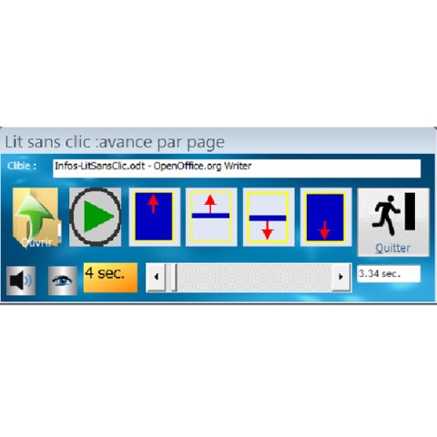 Two lines of buttons with the header title written in French: Read without a click: Advance per page. The buttons on the first line are large with directional arrows per line and per page, and an exit button. The second line shows a speaker, an eye, the timer with 4 sec., a blank text box and a time setting.