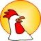 Oralux logo which is the side view of a white rooster drawn without an eye in front of full sun with an open beak.