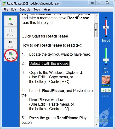 A computer's window screen featuring a text in the center with options on the right for play, pause and stop and arrows on the left side to raise the volume..