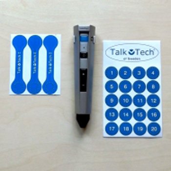 A pen-type recorder along with 2 different pages of blue labels: one shaped like a bone with circles on each end and the other as numbered circles.