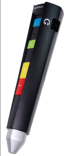 A pen-type recorder: with headphone jack, a large silver tip, and with 4 buttons: a red, yellow, green and blue.