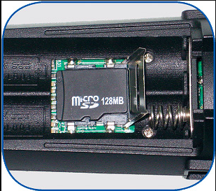 The opened slot of the pen recorder with the micro SD 128MB card installed.
