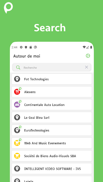 A screenshot of a smartphone labeled, in French, "Around me". Below this is a listing of establishments, each preceded with a categorizing icon. 