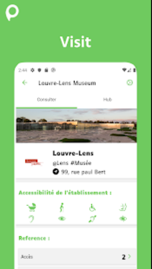 A smartphone with a picture and label of Louvre-Lens Museum. Below the address are the 8 icons of accessibility.