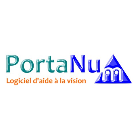 The text Portanum written in two colors and on one and a half lines: Porta is printed in green; then without space, the letters N and u follow and are written in light purple. The final letter m drops down to the next half-line and is written there, in white,  inside a light-purple triangle. Written in small letters on the same line and preceding the triangle-m in French: Software help for vision.