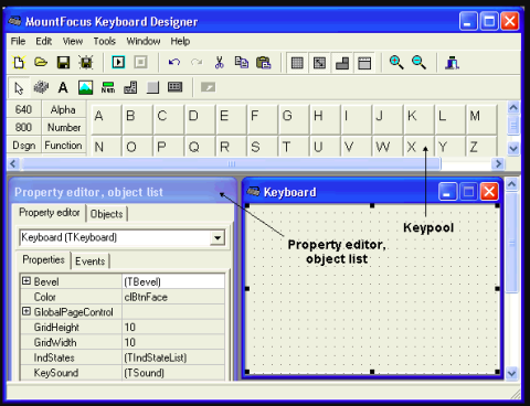 A screenshot with a menu on top, two rows of alphabet keys and the bottom half of the screen showing keyboard design choices on the left and a box for the new keyboard on the right.