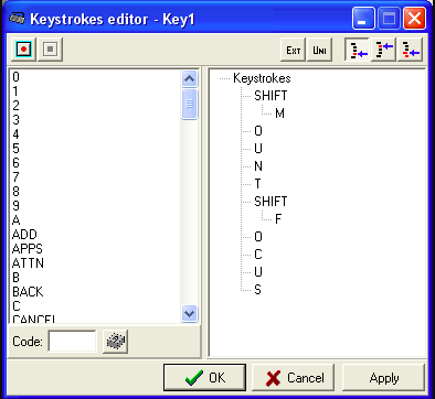 A screenshot of a column- listing of possible keys, beginning with the numbers, on the left. On the right are the Keystrokes. The buttons on the bottom are labeled: Ok, Cancel, Apply.